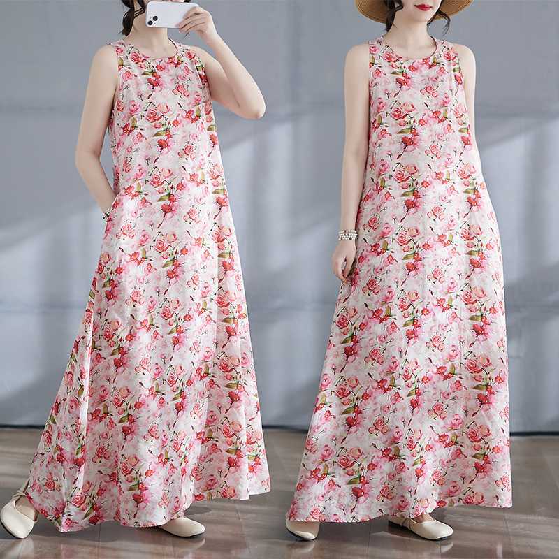 New Long Skirt Summer Sleeveless Round Neck Printed Dress