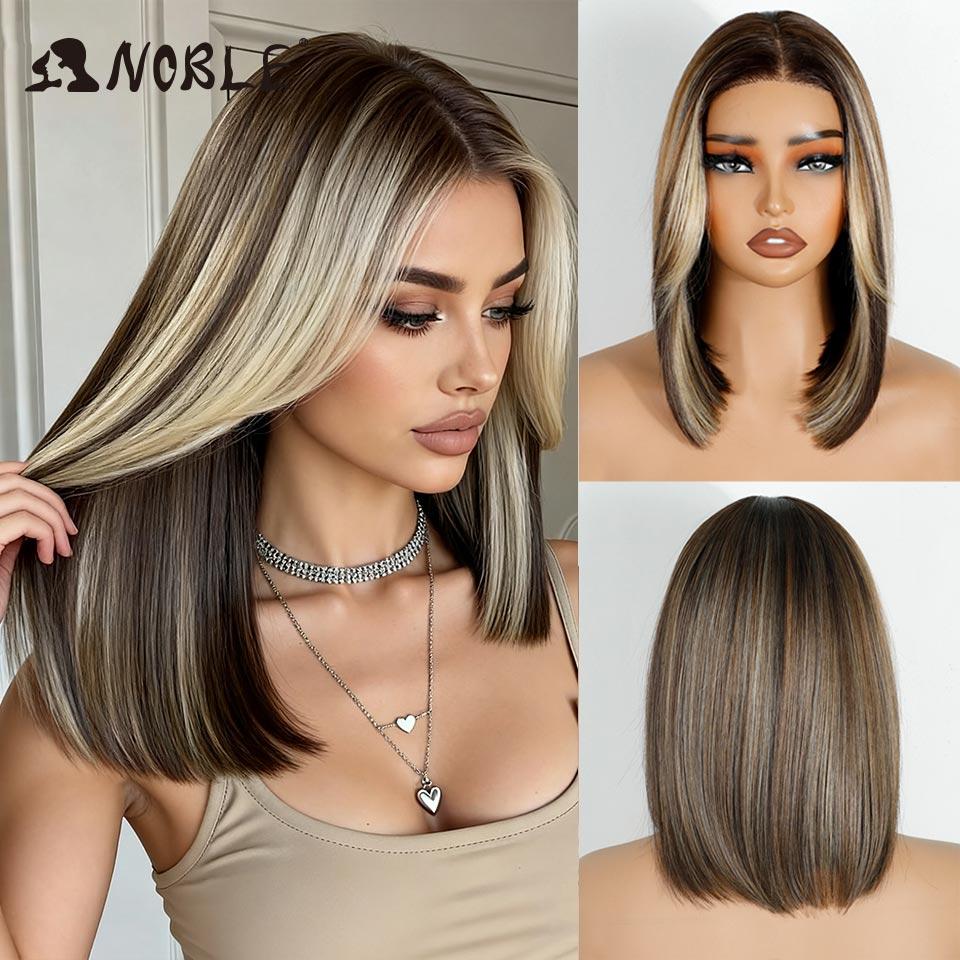 Noble Synthetic Lace Front Wigs For Women 12 Inch Pre Plucked Pre-Cut Ombre Brown Blonde Straight Layered Bob Wig Cosplay Wig