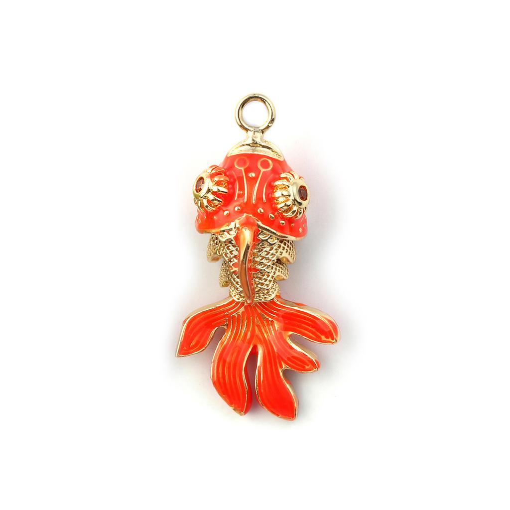 1 Piece Enamel Goldfish 3D Movable Brass Charms Orange Cubic Zirconia 18K Gold Plated Fish Ocean Jewelry Pendants 3cm x 1.5cm