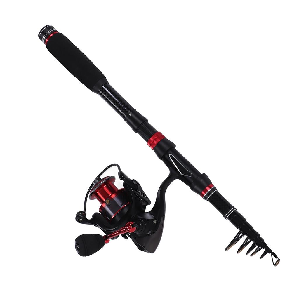 Fishing Rod Set Black Red Carbon Telescopic Fishing Rod GA3000 Spinning Reel with Line Bait Hooks for Saltwater