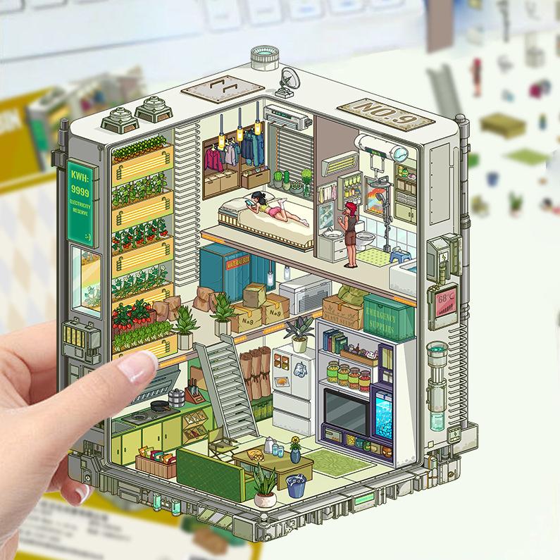 Kreslené krajinné samolepky Vícenásobný miniaturní svět 3D chata Rozbalit DIY scéna Ruční příspěvek