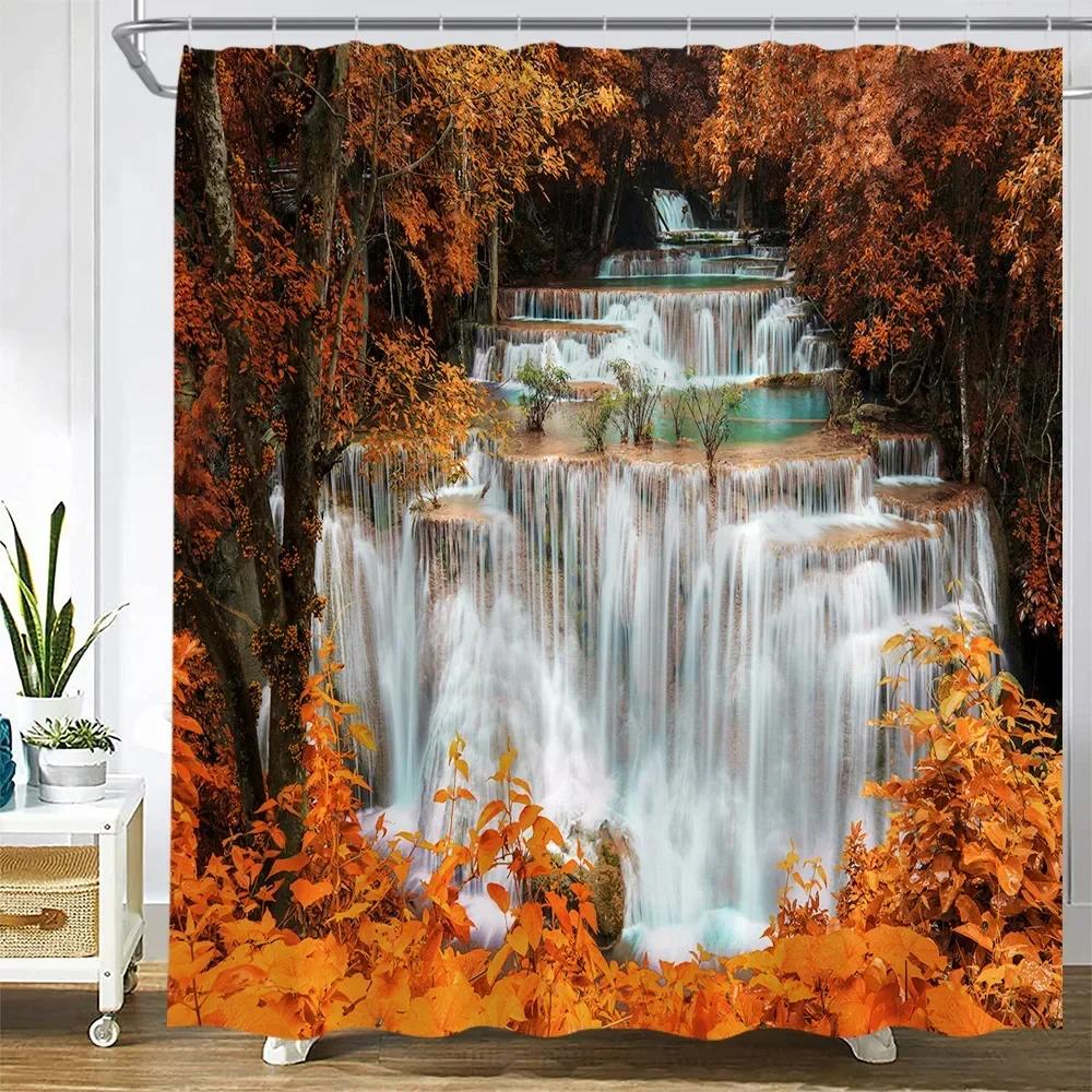 Autumn Waterfall Landscape Shower Curtains Forest Maple Red Leaves Plant Wild Tiger Fall Nature Scenery Cloth Bathroom Decor Set
