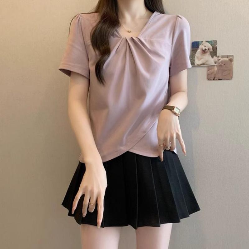 Summer New Temperament V-neck Short-sleeved T-shirt Women's Slim Casual and Versatile Top