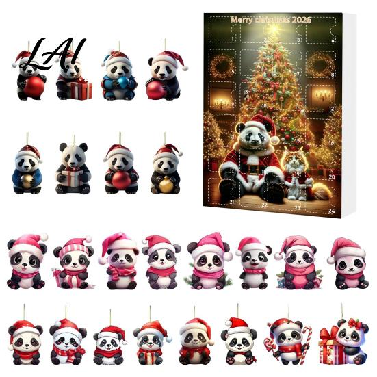 Panda Ornament Collection 2D Acrylic Cute Ornaments Advent Calendar 24 Days Christmas Countdown Gift Box Collectible Hanging Pendants for Holiday