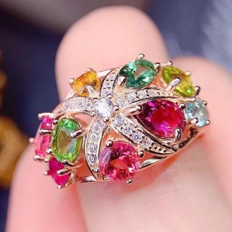 Creative Design Diamond Studded Candy Colored Gemstone Rings for Women Fashion Water Droplet Flower Ring Wedding Jewelry Gift