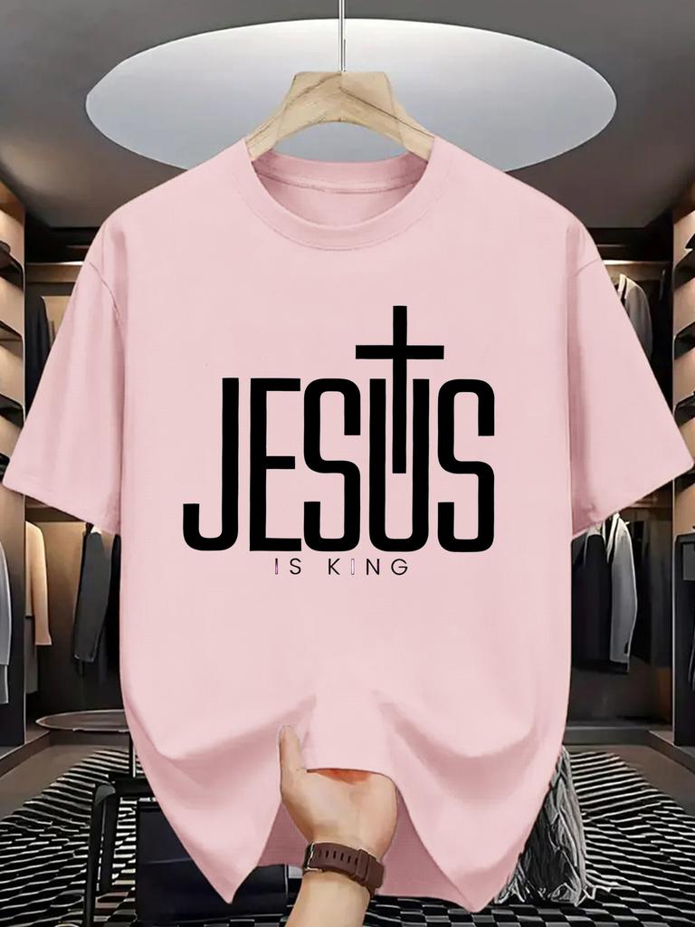 Christlicher Glaube Aufdruck Unisex Kurzarm T-Shirt Jesus Ist König Kreuz Text Rundhals T-Shirt Religiöser Glaube Stil Männlich Streetwear Mode Oberteil