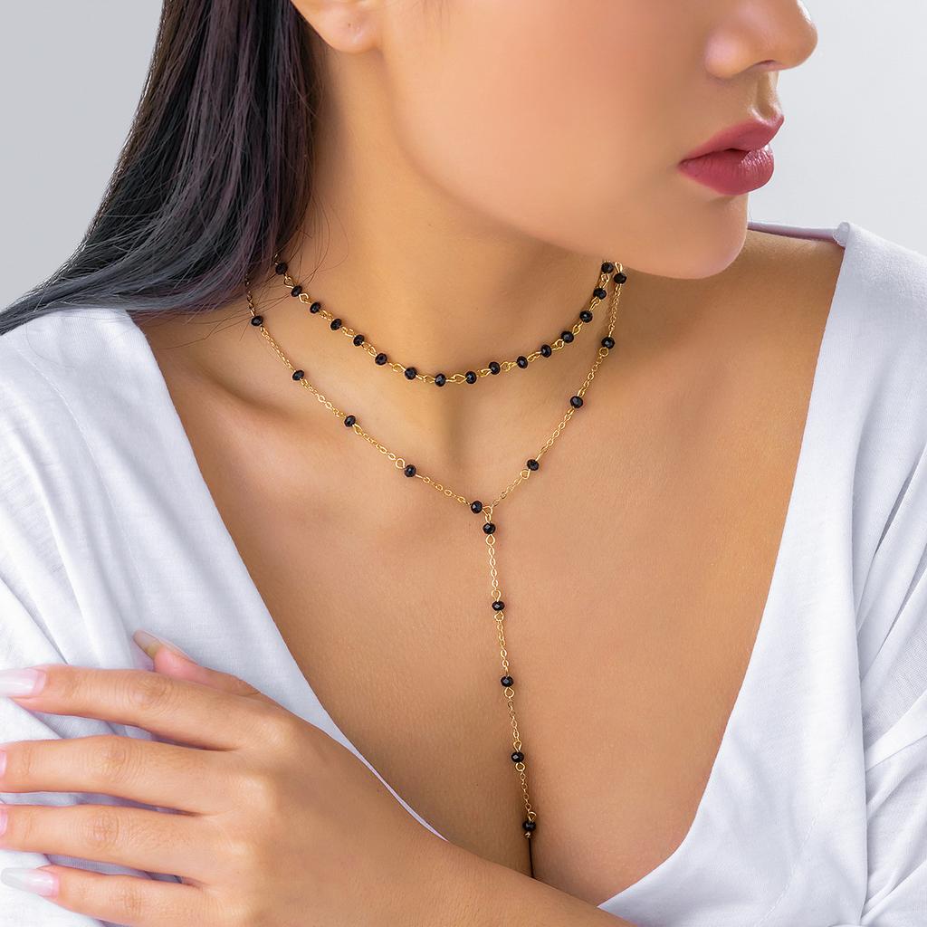 Accessories, Temperament Business Double-layer Necklace, Simple Imitation Crystal Handmade Chain Fringed Necklace Women