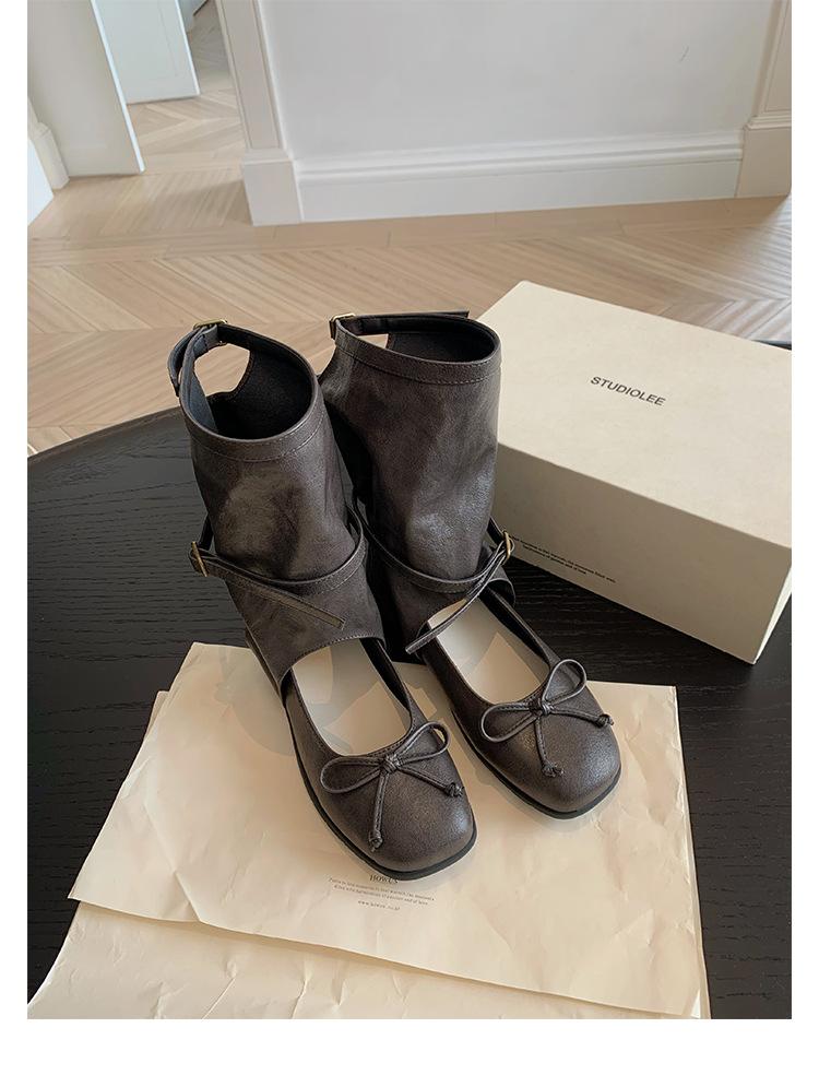 Lambskin heightening 5cm Maillard boots design sense round head bow cool boots ballet single shoes knight boots