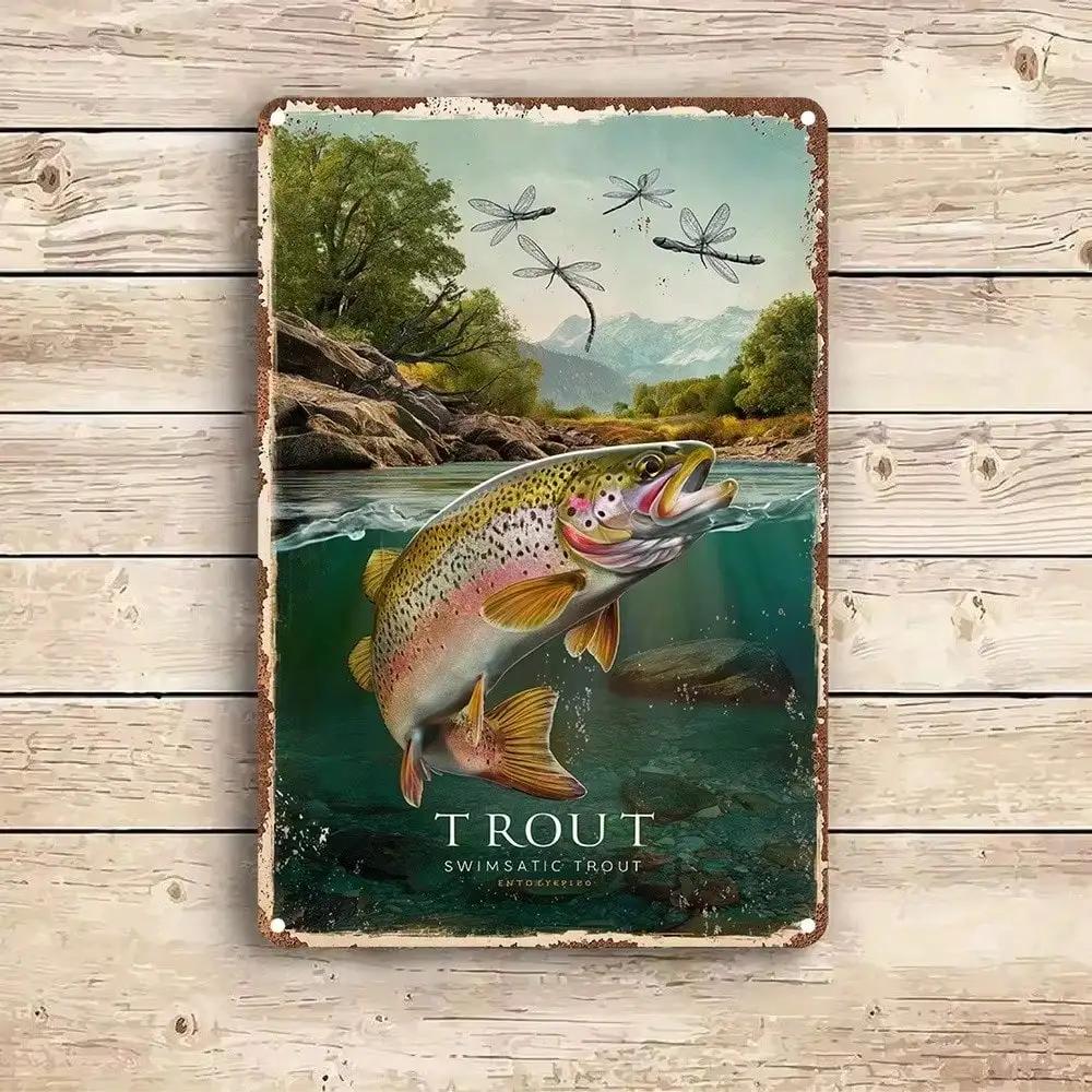 Vintage Rainbow Trout Fishing D Flat HD Metal Picture Wall Art Decor with Dragonflies Mountain Lake Landscape for Fisherman Clu 20x30cm(7.8x11.8inch)