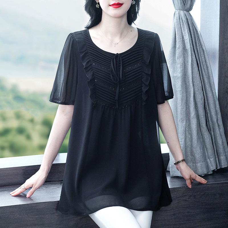 Summer Short Sleeve Pleated Chiffon Shirt - Plus Size, Casual, Loose Fit Women's Apparel