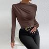 Women's Fashion Slim Versatile Pleated Solid Color Long Sleeve  Bottom  Down Shirt Sweatshirt Top