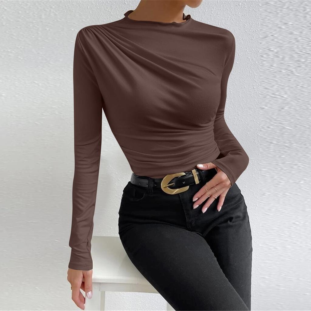 Women's Fashion Slim Versatile Pleated Solid Color Long Sleeve  Bottom  Down Shirt Sweatshirt Top