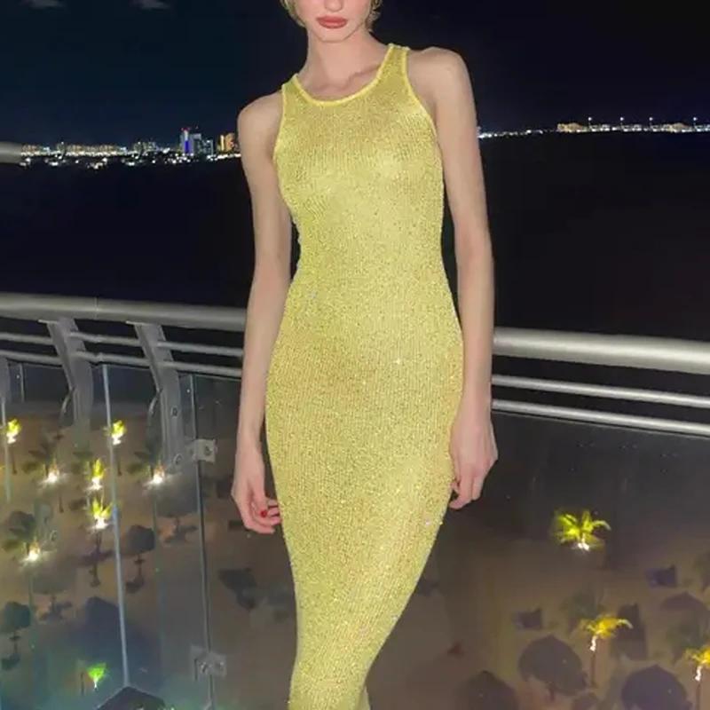 Sommer Sexy Durchsichtiges Langes Kleid Für Frauen Hohe Taille Ärmellose Schlanke Midikleider Damen Party Bodycon Glänzende Pailletten Abend Elegantes Kleid Dame