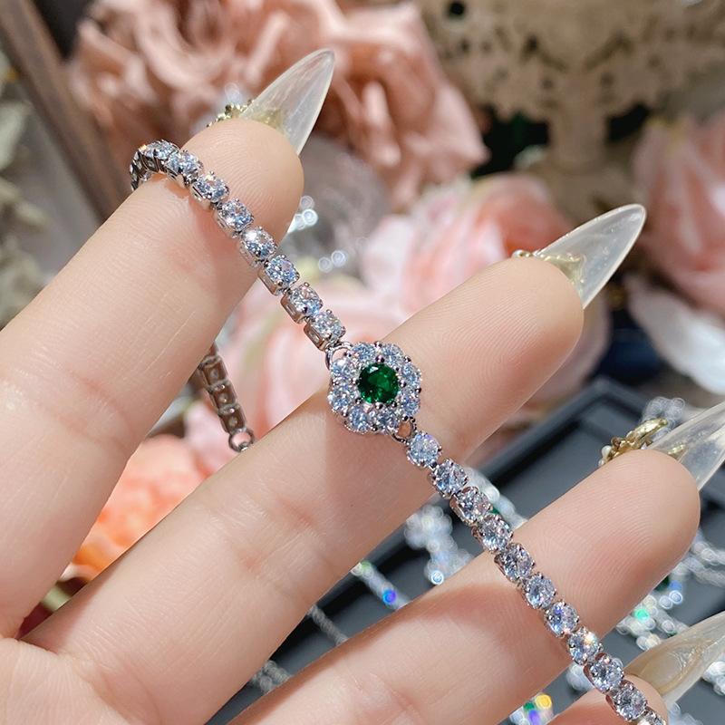 Camellia Women's High-End Elegant Artificial Emerald Bracelet Full Diamond Imitation Tourmaline Jewelry