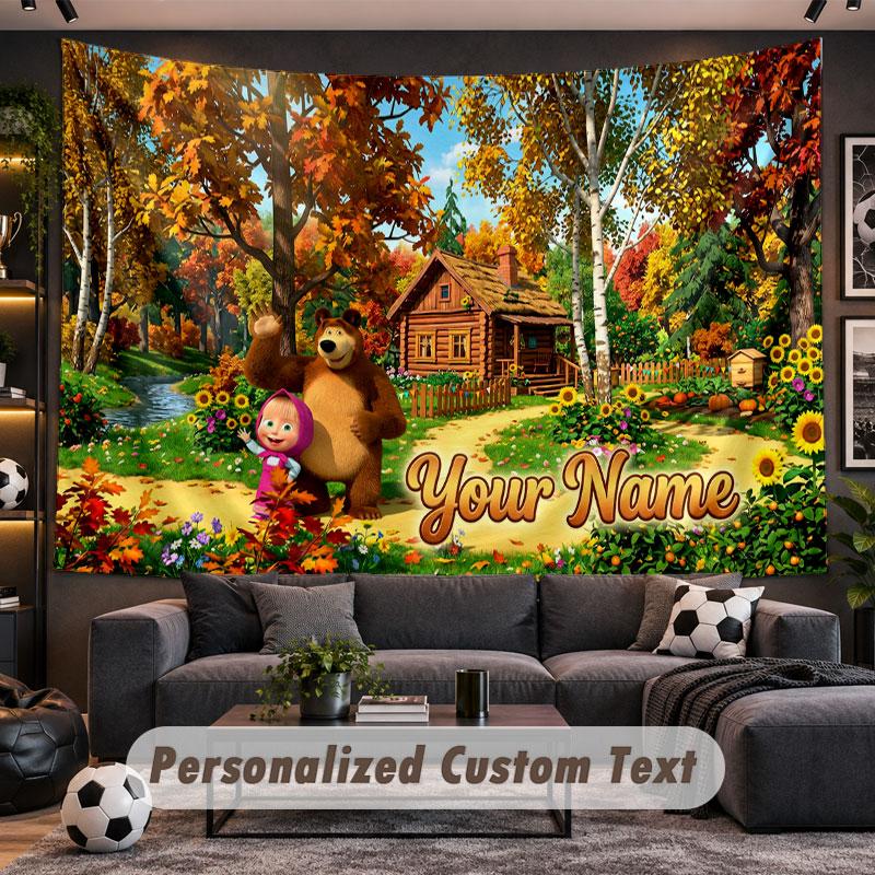 Wall Hanging Tapestry Custom NameMasha and the Bear Pattern Personalized Printed Fabric Wall Decor