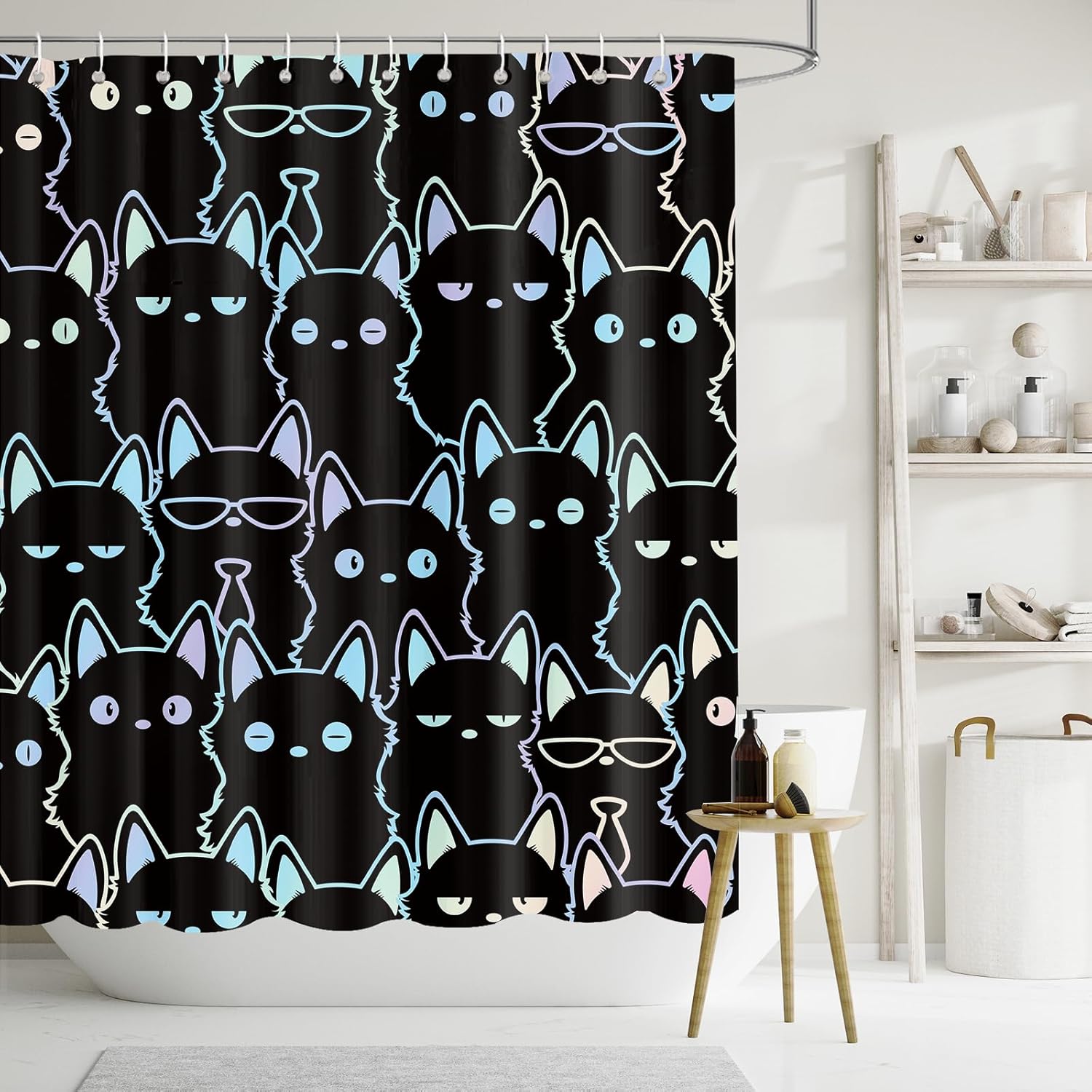

Funny Cat Shower Curtain, Cute Black Animal Cool Kitten Print Decorative Waterproof Abstract Shower Curtain With 12 Hooks W60H190(CM)-1 Pcs