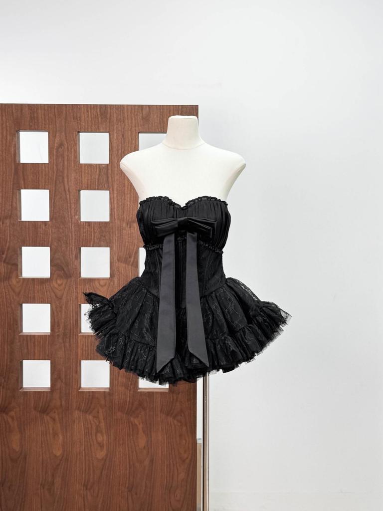 Vietnamese Sweet Bandeau Lace Bow Patchwork A-line Dress