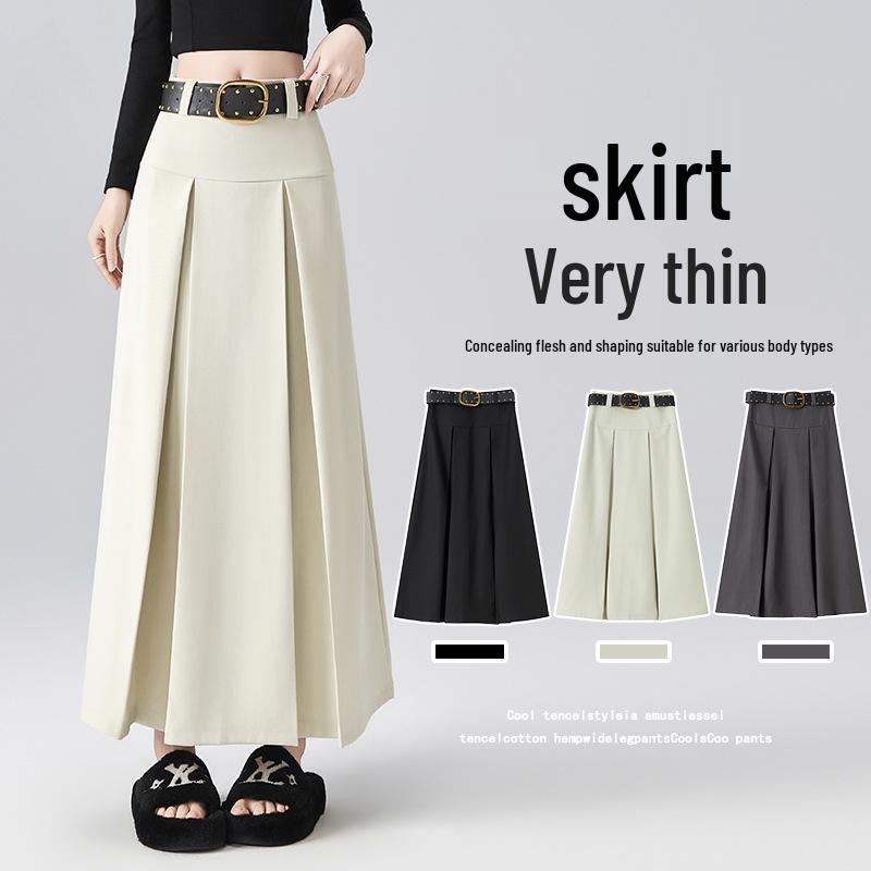2026 Spring Women's High-Waisted Pleated A-Line Skirt with Belt - Drapey and Slimming