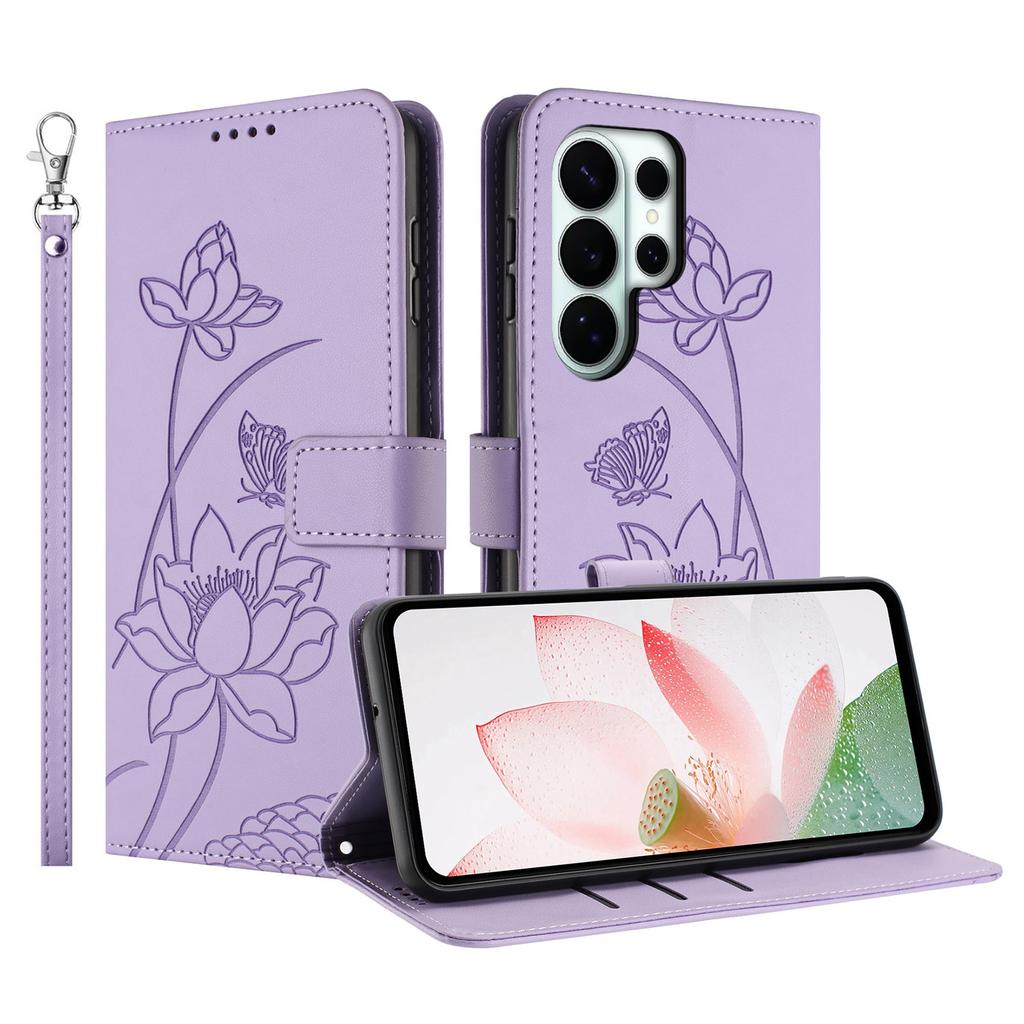 For Samsung Galaxy S26 Ultra Case Wallet Stand Lotus Imprint Leather Phone Cover with Wrist Strap