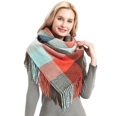 Warmer Quasten-Schal für Damen, Herbst und Winter, lange Quaste, kariert, quadratischer Schal