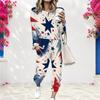 Women Plus Size Round Neck Long Sleeve Navy Printed Two Piece Set Cuffed Top Cuffed Pants With Pockets