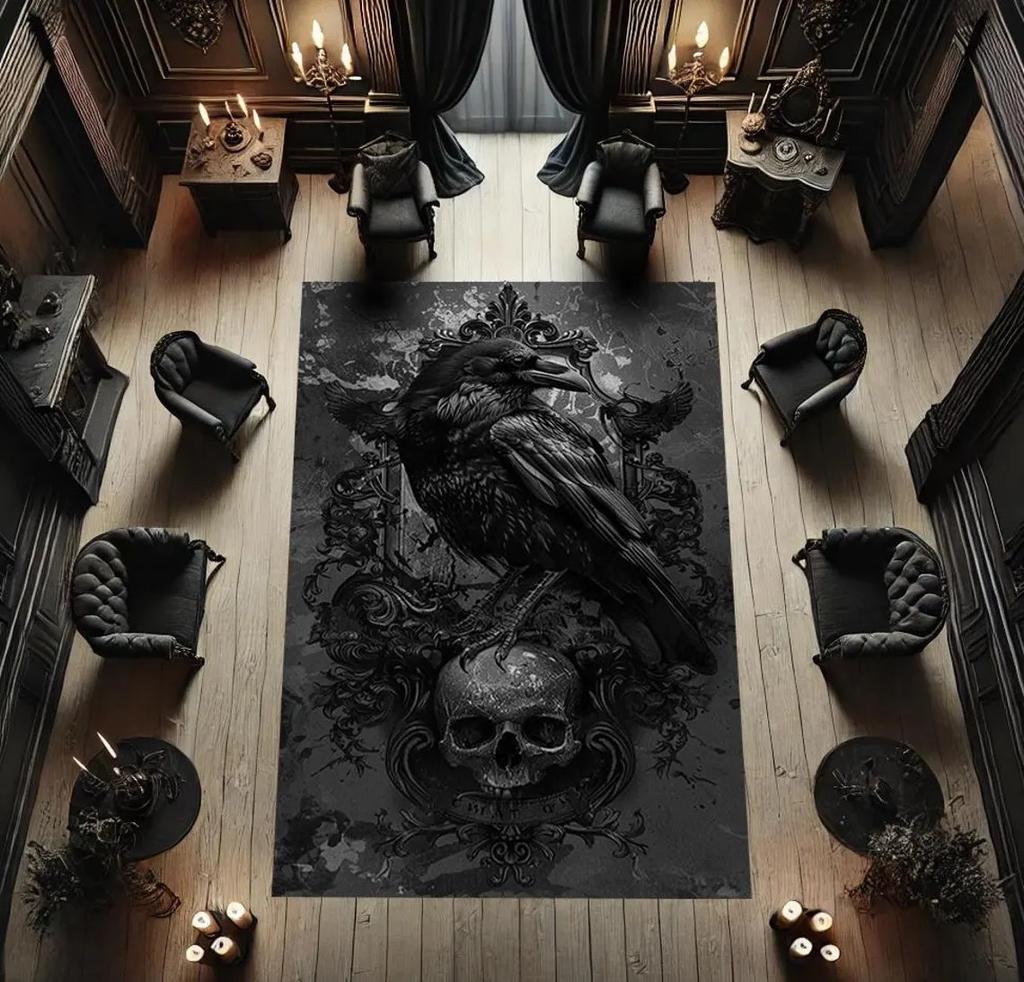 Raven Skull Gothic Rug Occult Crow Decor, Dark Academia Carpet, Mysterious Witchy Home Rug, Creepy Goth Room Skull Art Floor Mat