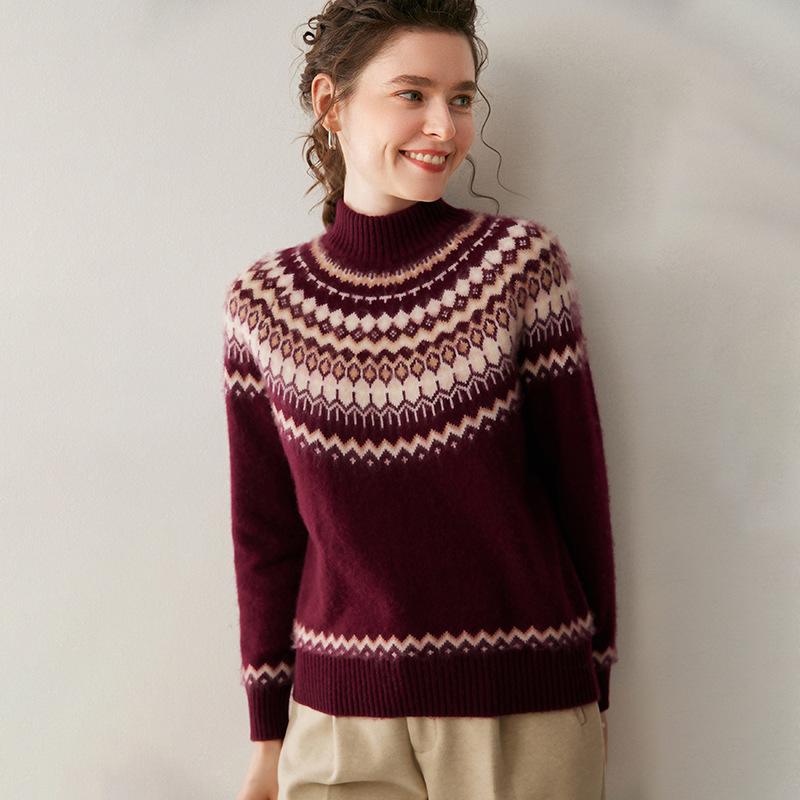 2025 Women's Fair Isle Cashmere Sweater: Autumn/Winter Knit Half-High Collar Loose Fit