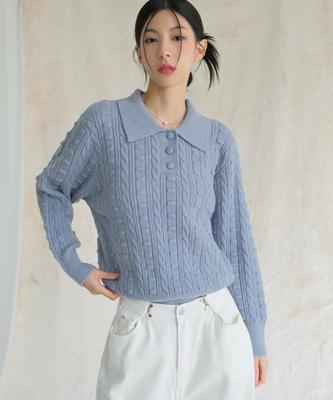 AVANDRESS Lumpy Collar Button Knit Blue