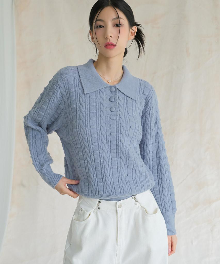 AVANDRESS Lumpy Collar Button Knit Blue