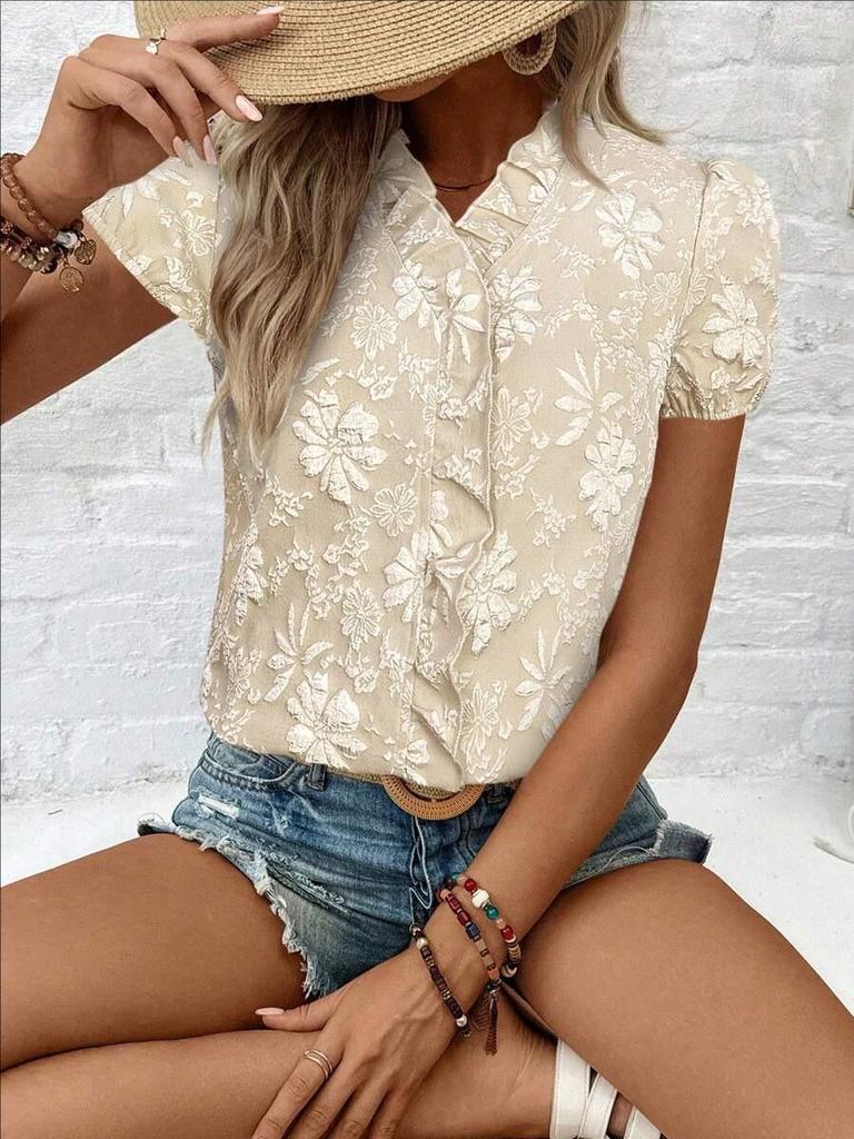 Summer 2026 Women's Ruffle Jacquard Short-Sleeve Pullover Shirt