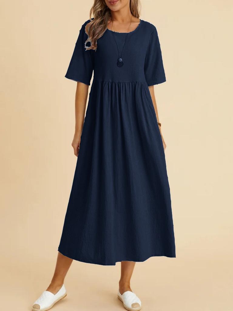 2023 Plus Size Cotton Linen Mid-Length Dress with Loose Round Neck and Five Sleeves