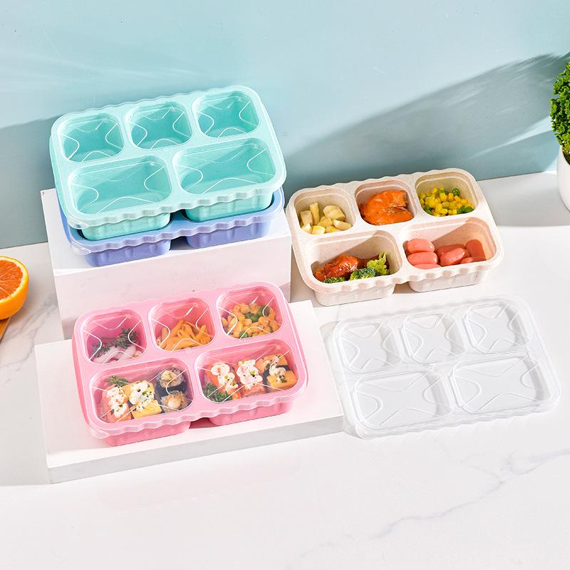 Weizenstroh Quadratische Fünf-Fächer Lunchbox Outdoor Tragbare Bento Box Snackteller Snack-Obstbox