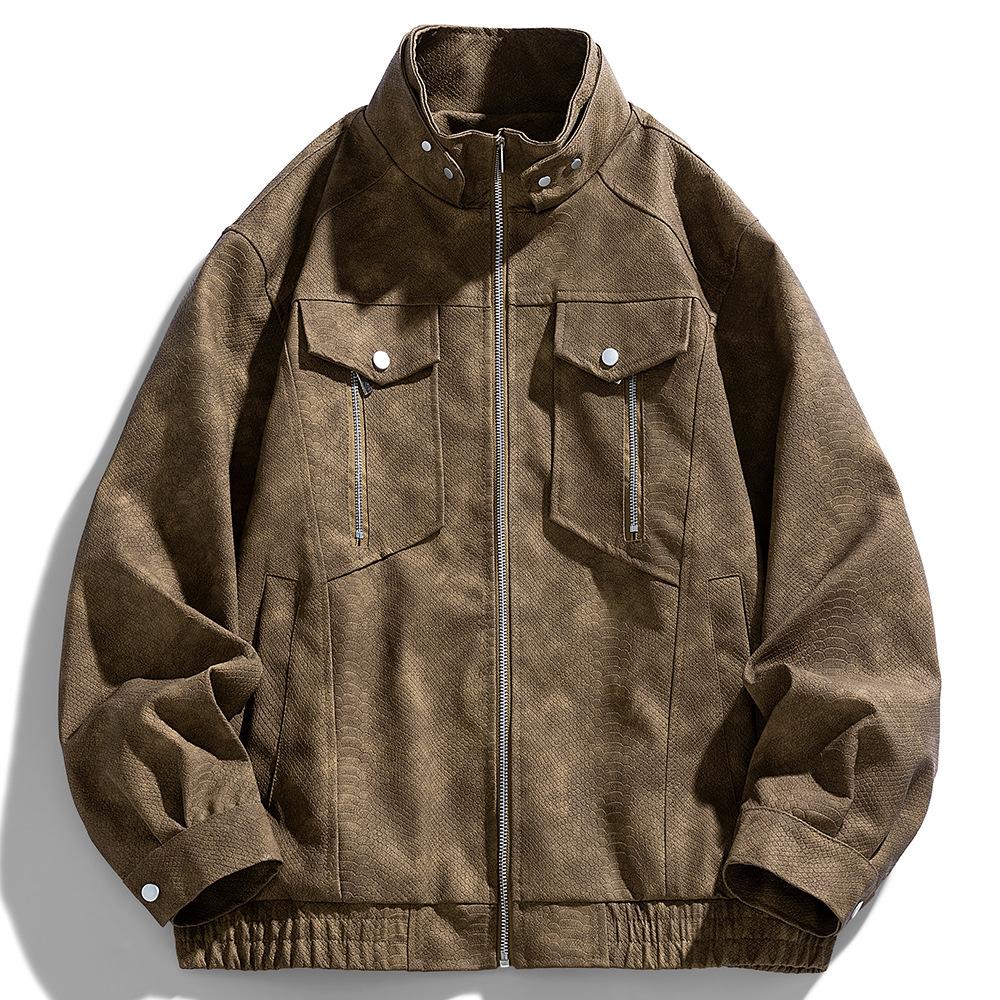 Men's Stand-up Collar Leather Jacket Handsome Spring and Autumn American Trendy Versatile Zipper Pu Leather Jacket Jacket