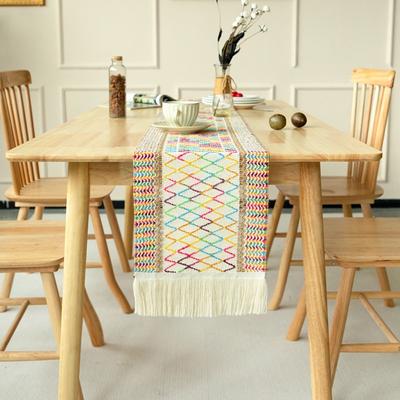 Nordic Style Bohemian Table Runner Cotton and Linen with Tassel Christmas Table Cloth Diamond Pattern Rustic Table Flag