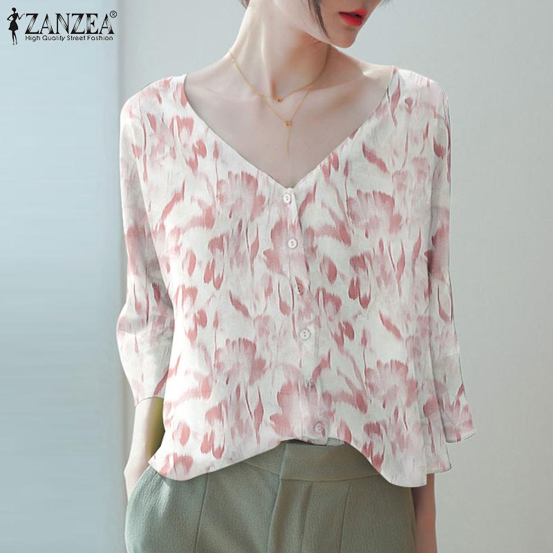 

ZANZEA Женская блузка с рукавом 3/4 и принтом, V-образным вырезом, пуговицами, женские топы