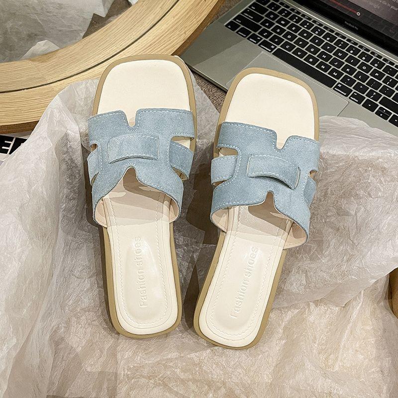 New thick heel casual fashion cool slippers women's shoes 2025 summer new square head low heel one-word versatile slippers women