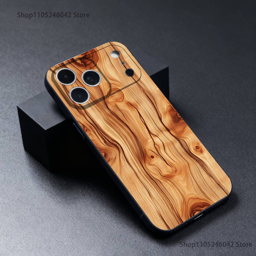 Natural Wood Phone Case For iPhone 17,16,15,14,13,12,11,Pro,XS,Max,XR,Plus,E,SE4,Mini Black Soft Cover