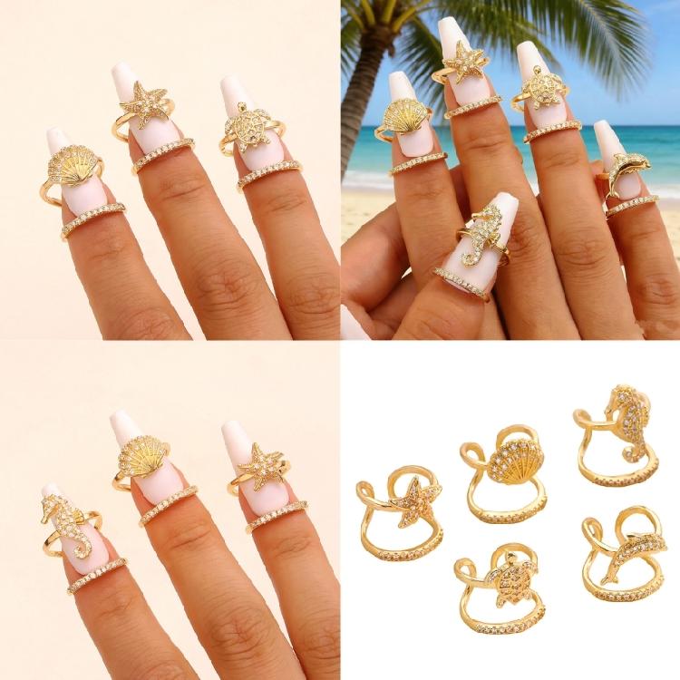 5Pieces Trendy Nail Opening Rings with Ocean Theme Nail Rings Stainless Steel Texture for Nail Accessories and Gifts