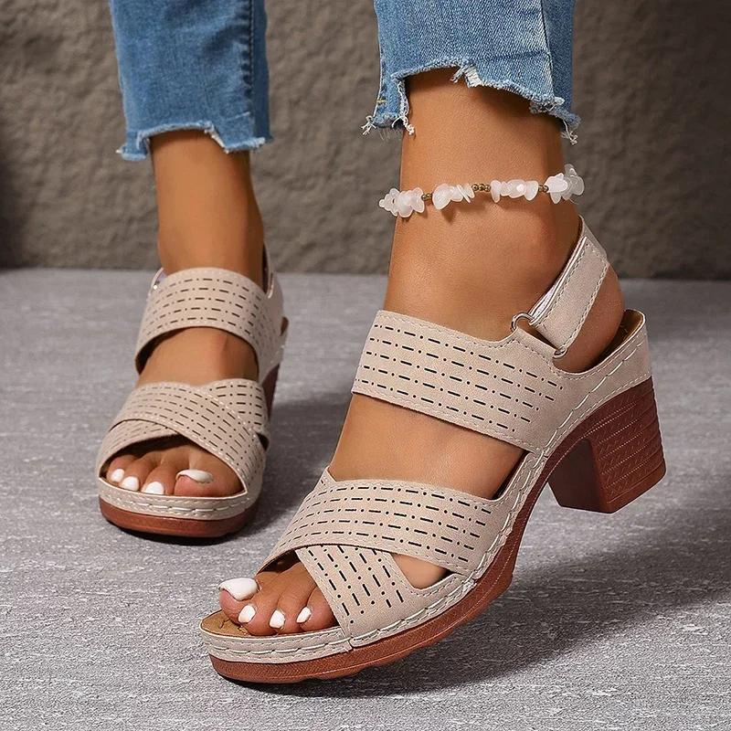 Fashion 2025 Summer New Thick High Heel Sandals Women's Cross Band Fashion Beach Sandels Hook Loop Anti-Slip Platform Sandalias De Mujer