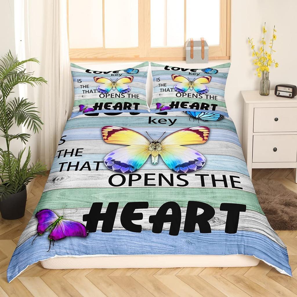 Rustic Farmhouse Wood Door Print Comforter Cover Butterfly Theme Duvet Cover,Girl Women Pink Rose Flower Bedding Set for Bedroom