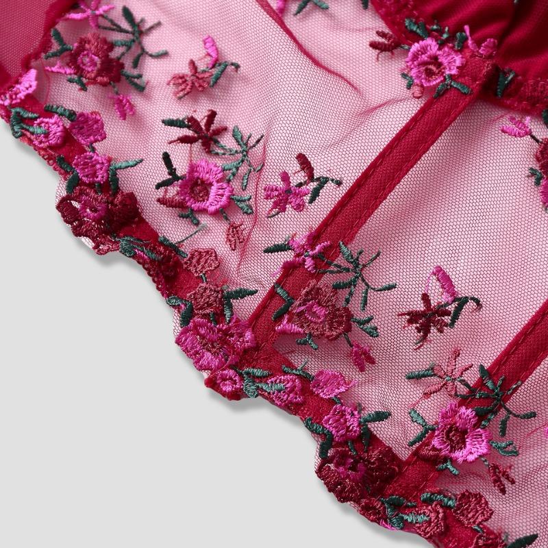 Rotes floral besticktes Korsett-Oberteil mit Schleifen-Trägern