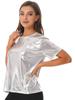Dámské metalické párty tričko s lesklým krátkým rukávem, kulatým výstřihem a reflexním topem pro taneční večírky a festivaly
