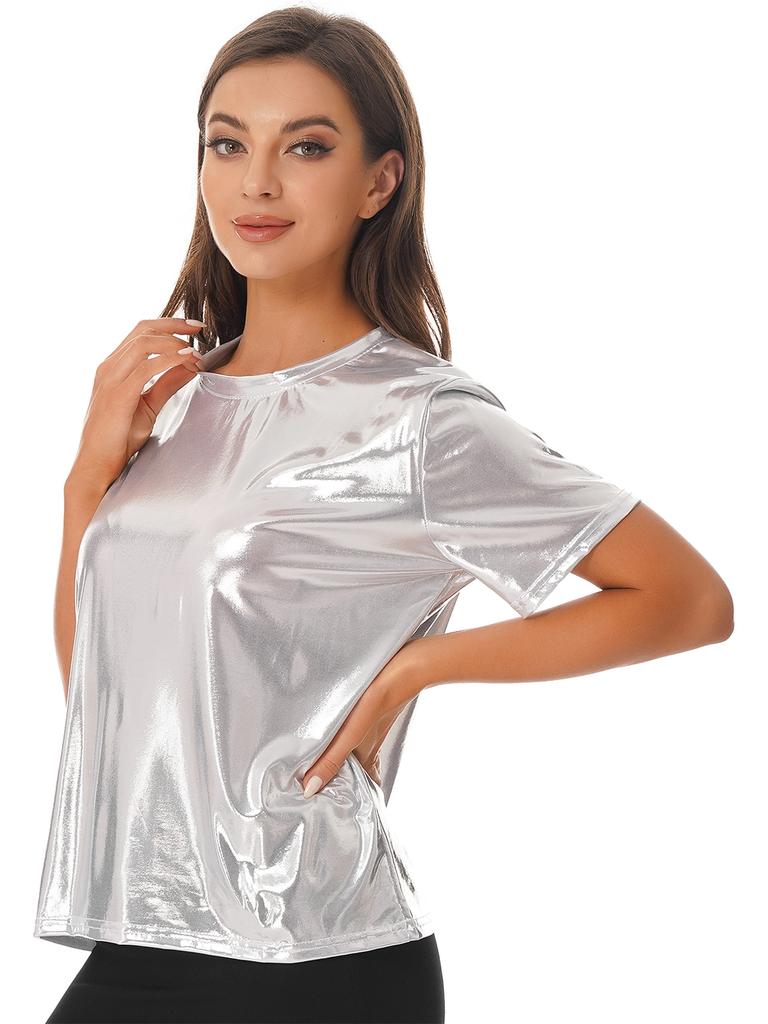 Dámské metalické párty tričko s lesklým krátkým rukávem, kulatým výstřihem a reflexním topem pro taneční večírky a festivaly