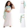Kids Girls Greek Toga Costume with Shawl Gold Trim Metallic Waist Sleeveless Back Zip Dress for Halloween Themed Cosplay