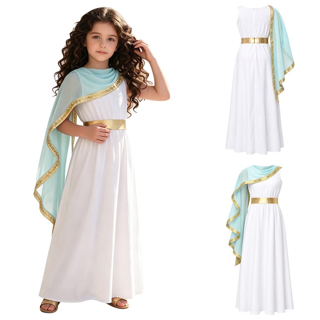 Kids Girls Greek Toga Costume with Shawl Gold Trim Metallic Waist Sleeveless Back Zip Dress for Halloween Themed Cosplay