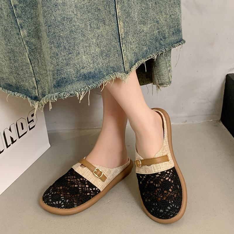 Fashion Breathable Weaving Hollow Out Women's Slippers Summer Flat Casual Mueller Shoes 2025 Women Linen Versatile Half Slides