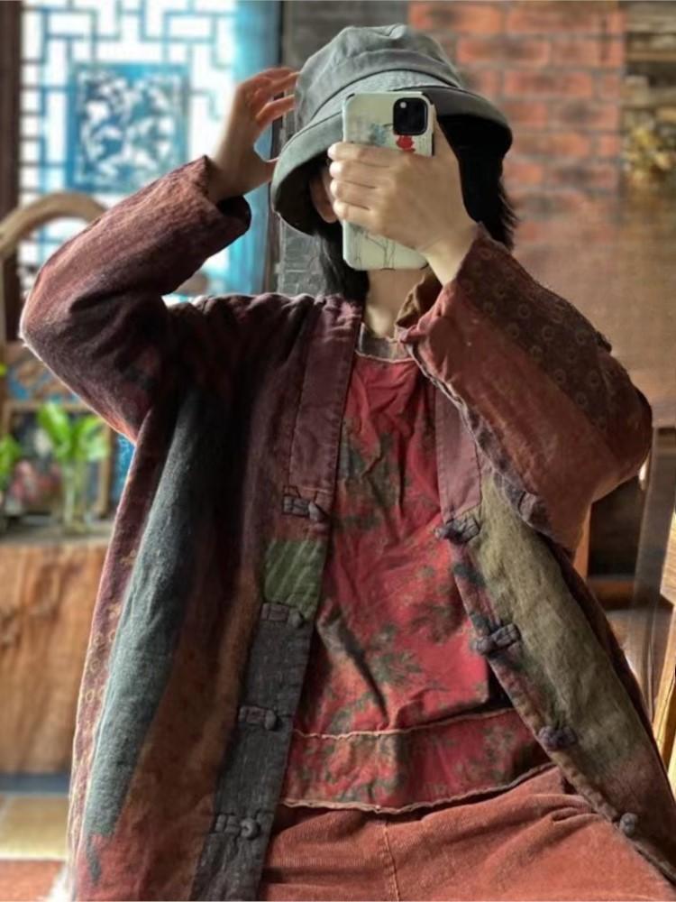 Johnature Women Patchwork Loose Long Coats