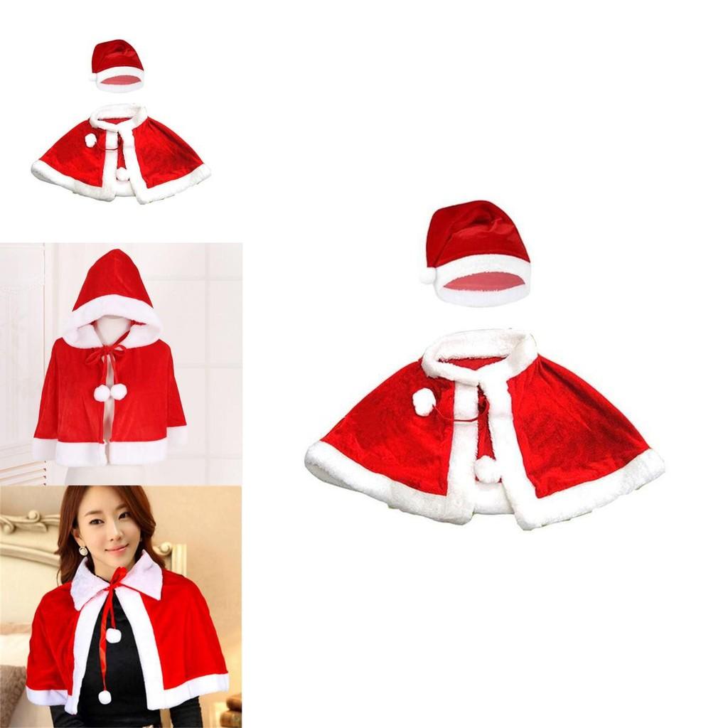 Xmas Red Velvet Santa Claus Hooded Cloak With Hat For Kids Adults