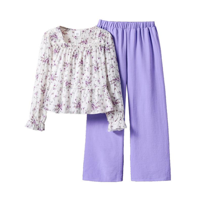 Girls' Outfit Children's Clothing New Autumn French Pastoral Floral Long Sleeve Top Casual Solid Color Long Pants