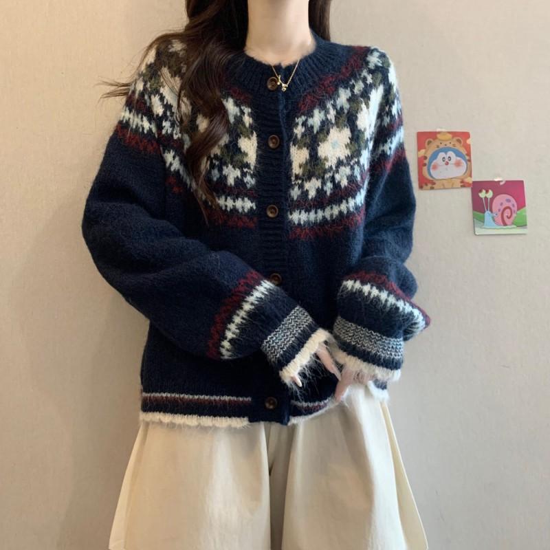 2026 Womens Oversized Knit Cardigan Long Sleeve Crew Neck Warm Thick Fair Isle Sweater Winter